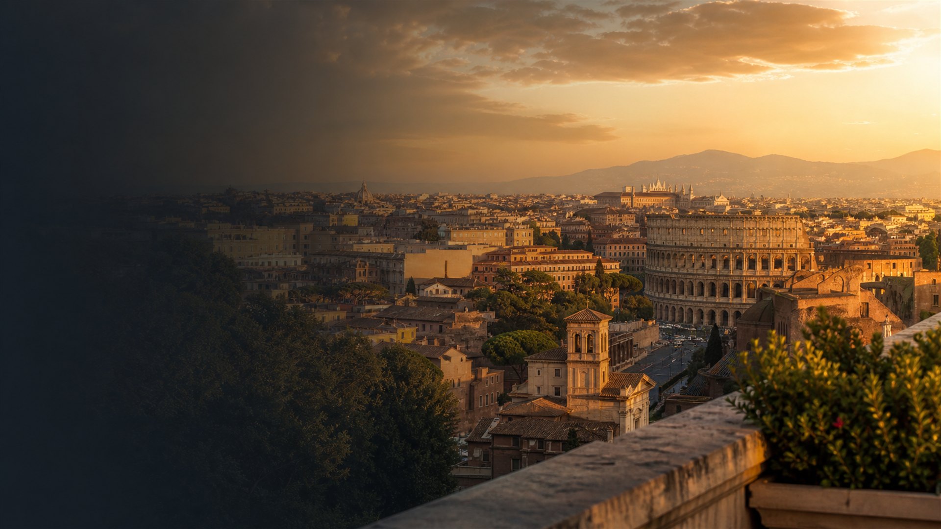 Rome skyline and the Colosseum at sunset